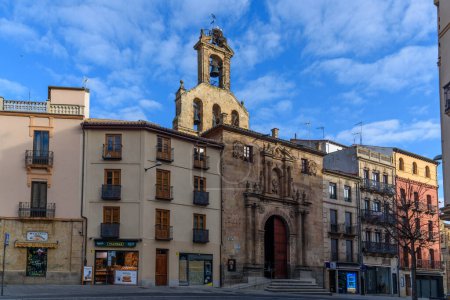Photo for Salamanca, Spain - January 15, 2022: Main Street or Calle Mayor in the historical city center. Saint Martin of Tours Church - Royalty Free Image