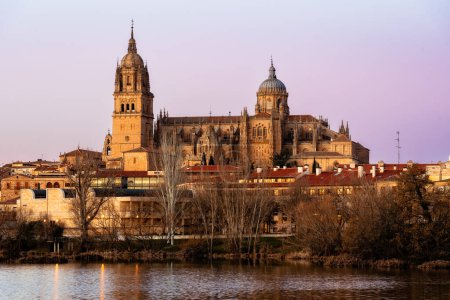 Téléchargez les photos : Scenic urban landscape of the city of Salamanca at sunset with the cathedral and the Tormes river. Castilla Leon, Spain - en image libre de droit