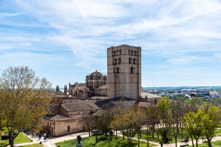 Photo for Zamora, Spain - April 7, 2023: View of the bell tower of the romanesque Cathedral of Zamora - Royalty Free Image