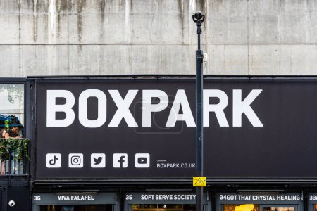 Photo for London, UK - August 25, 2023: Boxpark in Shoreditch. Boxpark is a food and retail park made out of refitted shipping containers - Royalty Free Image