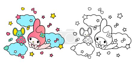 Illustration for Vector illustration cute hare sleeping on a clouds colorful stars shapes for Coloring book children, drawing pages cover, screen printing shirts, printable clothing materials, Presentations and decks - Royalty Free Image
