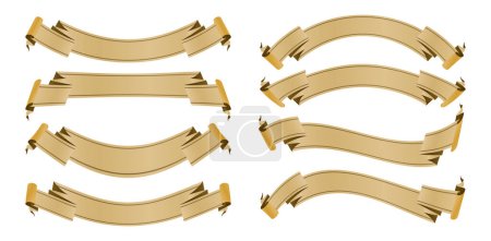 Ilustración de Ocho conjunto de banners de cintas doradas fondos blancos aislados para cubiertas, collages, diseños de escenas, interfaz de usuario, campañas de marca o identidad, diseños de estampados de papelería, materiales de presentaciones - Imagen libre de derechos