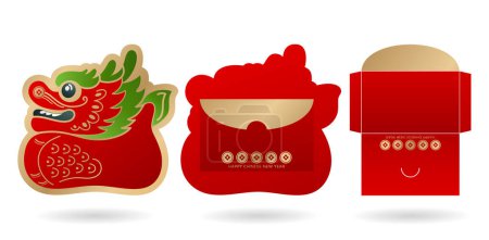 Ilustración de Ilustración vectorial de conjunto chino año nuevo sobre rojo con dragón y monedas de oro fondos aislados para tarjetas de felicitación, angpao, sobres de lámina de oro tipografía, etiquetas adhesivas festival oriental - Imagen libre de derechos