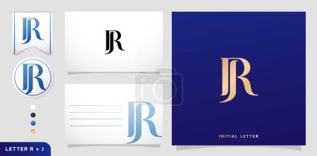 un conjunto de tarjetas de visita con la letra RJ, letras iniciales de lujo diseños de logotipos R y J en colores azules para campañas de anuncios de marca, tipografía, bordados, invitaciones de cobertura, símbolos de signos de sobres