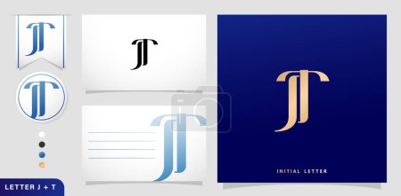 ein Satz Visitenkarten mit den Buchstaben JT, Luxury Initial Letters J und T Logos Designs in blauen Farben für Branding-Werbekampagnen, Buchdruck, Stickereien, Einladungen, Umschlagzeichen-Symbole