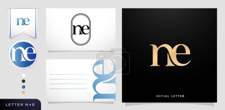 a set of business cards with the letter NE Luxury Initial Letters N and E Logos Designs in Blue Colors for branding ads campaigns, letterpress, embroidery, covering invitations, envelope sign symbols