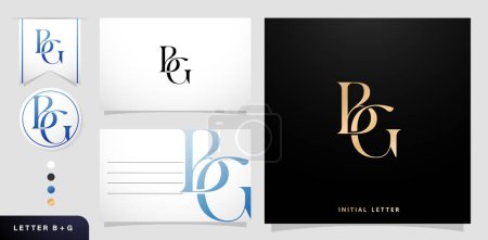 a set of business cards with the letter BG Luxury Initial Letters B and G Logos Designs in Blue Colors for branding ads campaigns, letterpress, embroidery, covering invitations, envelope signs symbols