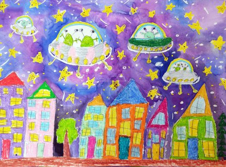 Téléchargez les photos : Aquarelle dessin d'enfants. Vol à la main de la fusée et de l'astronaute avec extraterrestre dans l'univers et les planètes spatiales. Art au crayon dans un style enfantin. - en image libre de droit