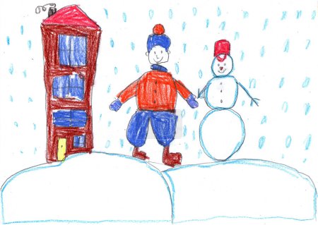Dessin d'enfant. Les enfants jouent avec la neige à l'extérieur de l'arbre de Noël. Vacances, vacances, Nouvel An, Noël. Art au crayon dans un style enfantin