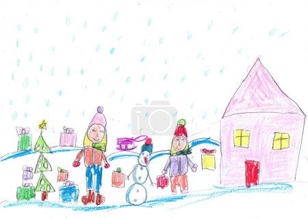Kinderzeichnung. Kinder spielen mit Schnee vor dem Weihnachtsbaum. Urlaub, Urlaub, Neujahr, Weihnachten. Bleistiftkunst im kindischen Stil