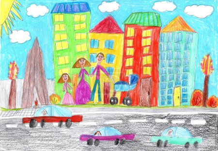Kind zeichnet Gebäude und Autos. Glückliche Familie bei einem Spaziergang. Das Leben der Menschen in der Stadt. Bleistiftkunst im kindischen Stil