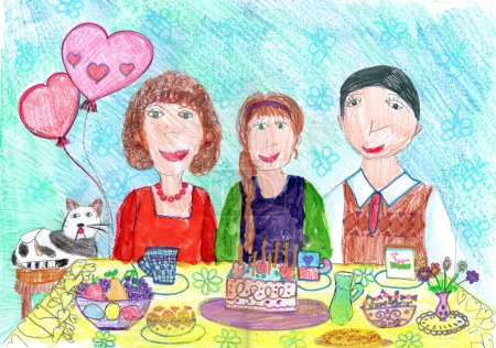 Foto de Dibujo infantil de una familia feliz celebrando un cumpleaños en casa y bebiendo té con pastel. Arte a lápiz en estilo infantil. - Imagen libre de derechos