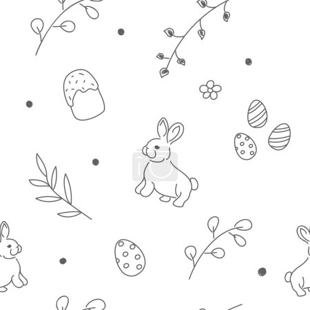 Vector illustration. Cute hand drawn monochrome seamless pattern. Festive background with Easter linear symbols. Design of postcards, banners, textiles, wallpapers and other promotional products.