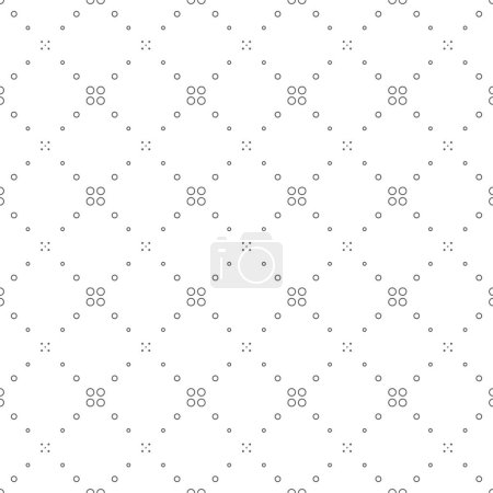 Vektorillustration. Geometrisches nahtloses Muster. Die festen Punkte und linearen Kreise in den Reihen bilden eine Rautenform. Gefleckter grauer, schwarz-weißer Hintergrund. Einfaches monochromes abstraktes Muster.
