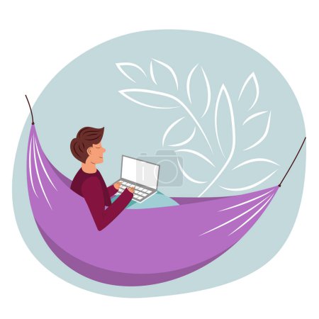 Illustration for Vector. Work from home, coworking, concept design. Young people, men  freelancers working on laptop and computer at home, dressed in home clothes. Cute illustration in flat style. - Royalty Free Image