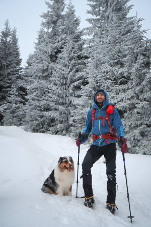 Téléchargez les photos : Homme randonnée avec chien ami berger australien sur la forêt enneigée d'hiver en montagne - en image libre de droit