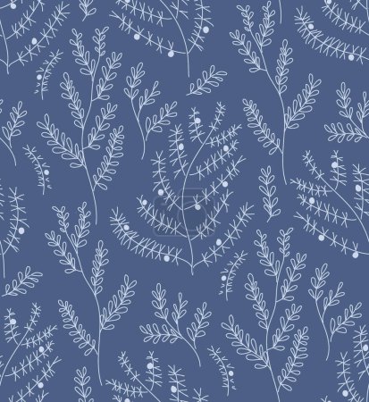 Ilustración de Patrón herbal inconsútil azul y blanco de siluetas de plantas aisladas. Diseño de superficies botánicas de estilo cianotipo para textiles y decoración. - Imagen libre de derechos