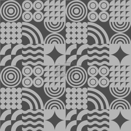 Ilustración de Patrón sin costuras de elementos geométricos grises simples sobre fondo negro. Diseño de superficies estilo Bauhaus para diseño gráfico, impresión y decoración. - Imagen libre de derechos