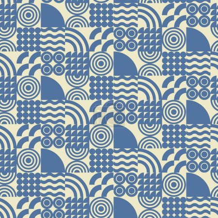 Ilustración de Patrón sin costuras de elementos geométricos azules simples sobre fondo blanco lechoso. Diseño de superficies estilo Bauhaus para diseño gráfico, impresión y decoración. - Imagen libre de derechos