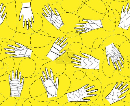 Téléchargez les illustrations : Modèle sans couture de mains humaines blanches isolées sur fond jaune ; dessin illustré avec texture doodle. - en licence libre de droit