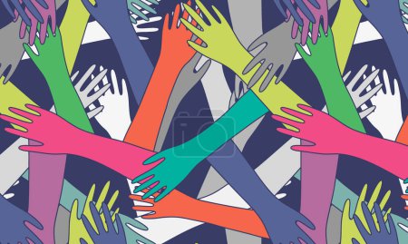 Ilustración de Patrón sin costuras de manos humanas multicolores sobre fondo oscuro; fondo de ilustración conceptual en naranja, rosa, amarillo, verde, azul y violeta - Imagen libre de derechos