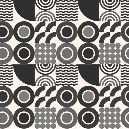 Ilustración de Patrón sin costuras de simples elementos geométricos grises y negros sobre fondo blanco lechoso. Diseño de estilo Bauhaus para diseño gráfico, impresión y decoración. - Imagen libre de derechos