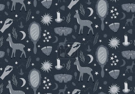 Illustration for Blue gray witchcraft seamless pattern of deer, mirrors, hands, moths, candles, stars, suns and moons. Cozy whimsigothic vector monochrome background with textured elements. - Royalty Free Image