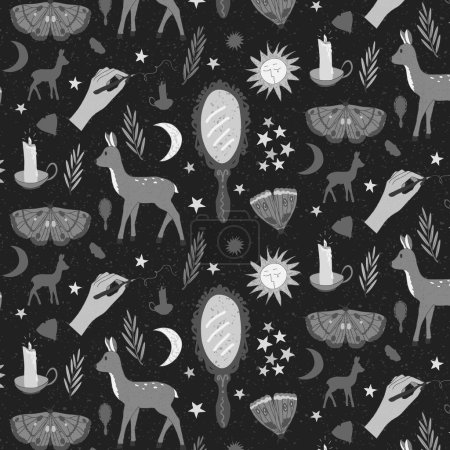 Illustration for Black and white witchcraft seamless pattern of deer, mirrors, hands, moths, candles, stars, suns and moons. Cozy whimsigothic vector monochrome background with textured elements. - Royalty Free Image