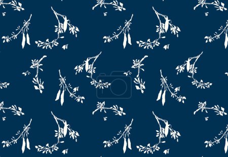 Ilustración de Patrón de acacia cianotipo estilo Liberty de ramas florecientes con vainas dispersas sobre fondo azul prusiano. Delicado fondo de ramita de árbol pintado a mano para tela y decoración. - Imagen libre de derechos