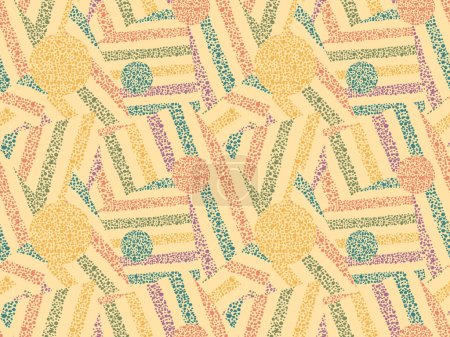 Ilustración de Patrón de repetición de retazos cálidos de piezas texturizadas cortadas de colores sobre fondo amarillo; fondo de vector borroso de collage vintage soleado para ropa deportiva y alfombras - Imagen libre de derechos