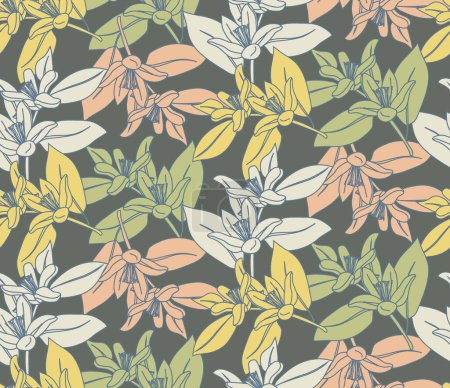 Illustration for Seamless botanical background of colorful pastel lemon branches with flower dark marsh green background. Decorative floral print for home decoration. - Royalty Free Image