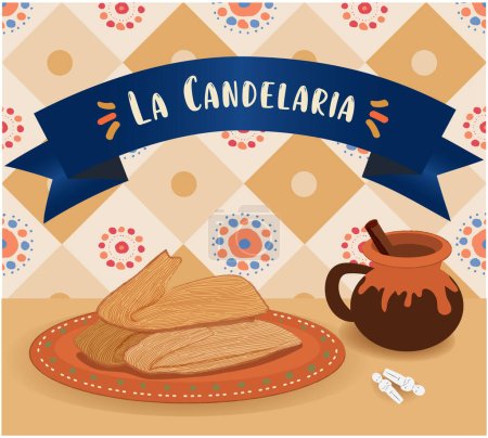 Vecteur, Table de dîner, célébration de la journée de la candelaria avec des éléments allusifs tels que tamales, atole à la cannelle et poupées de la rosca de reyes.