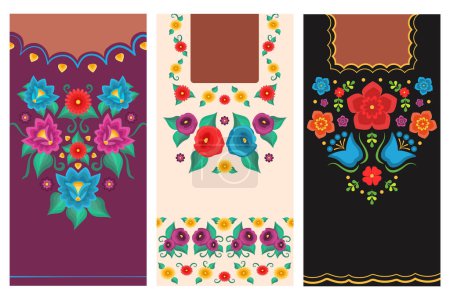 Ilustración de Vector de diseños huipil y blusa con flores bordadas de México, Yucatán. - Imagen libre de derechos
