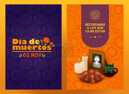 Illustration for Templates of cards or invitations for Day of the Dead. Cultural tradition of Mexico. In text: day of the dead and remembering those who are no longer here - Royalty Free Image