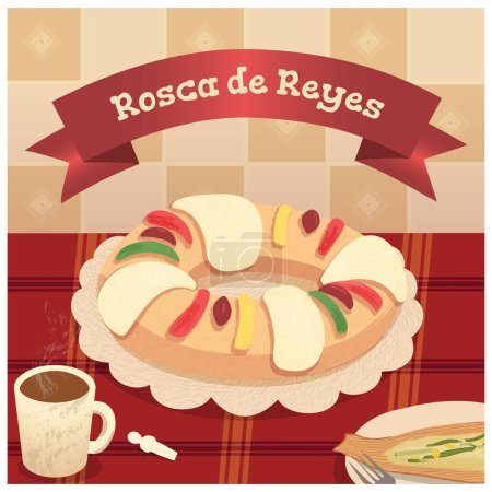 Téléchargez les illustrations : Vecteur. Illustration de table servie avec du rosca de reyes mexicain traditionnel. - en licence libre de droit