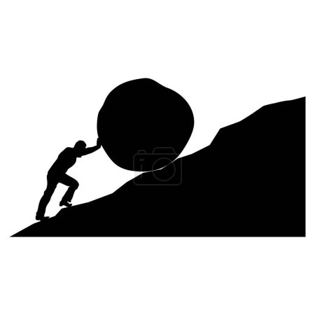 man pushing big boulder uphill. Concept of fatigue, effort, courage, power, force Vector cartoon black silhouette in flat design isolated on white background