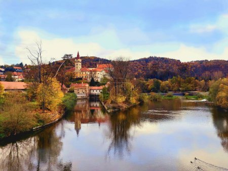 Photo for Sazava Monastery, Central Bohemian Region, Czech Republic, panoramic view from the bridge over the Sazava River, autumn landscape - Royalty Free Image