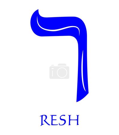 Ilustración de Alfabeto hebreo - resh letra, símbolo de la cabeza gematría, valor numérico 200, fuente azul decorado con línea ondulada blanca, los colores nacionales de Israel, diseño de vectores - Imagen libre de derechos