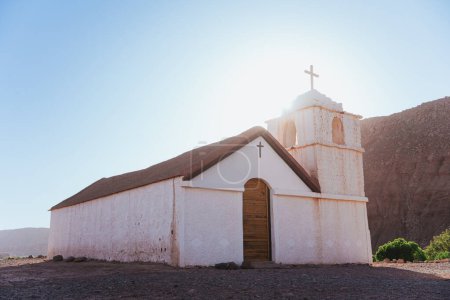 Back lit shot of San Isidro church in San Pedro de Atacama, Chile