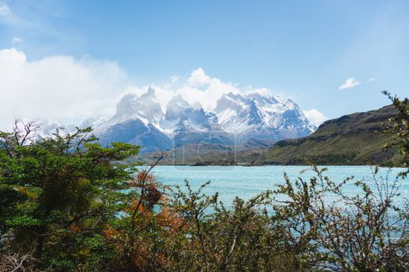 Beautiful view of Torres del Paine mountains from Pehoe lake in chilean Patagonia