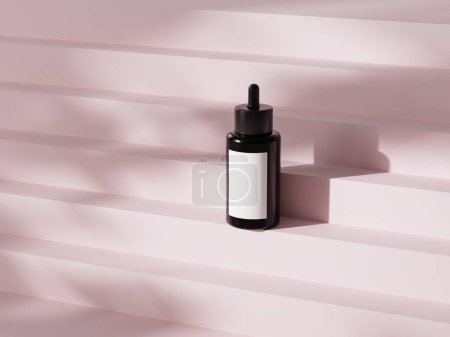 Foto de Botella cuentagotas para productos cosméticos o publicidad sobre fondo beige con sombras, 3d realista render - Imagen libre de derechos
