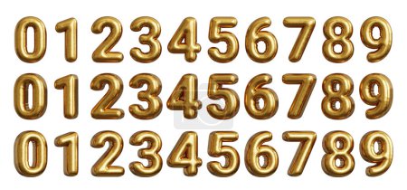 Foto de Conjunto de globos inflados dorados números o dígitos, con variaciones de ángulo. 3d renderizar. - Imagen libre de derechos