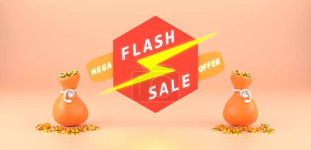 Photo for 3D Rendering. Flash sale banner design with the Gold coin bag. Special Offer day and MEGA discounting. - Royalty Free Image