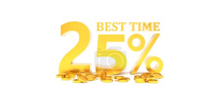 Photo for 3D Rendering. 25 percent off with gold coin and white background. Special Offer 25% Discount Tag. Super sale offer and best seller. - Royalty Free Image