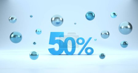 Téléchargez les photos : Rendu 3D. 50 % de réduction avec boule à bulles et fond bleu. Offre spéciale 50 % Étiquette de réduction. Super offre de vente et best-seller. - en image libre de droit