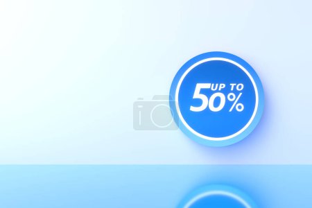 Téléchargez les photos : Rendu 3D. 50 pour cent de réduction avec freespace pour envoyer des SMS sur fond bleu pastel. Offre spéciale 50 % Étiquette de réduction. Super offre de vente et best-seller. - en image libre de droit