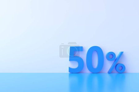 Téléchargez les photos : Rendu 3D. 50 pour cent de réduction avec freespace pour envoyer des SMS sur fond bleu pastel. Offre spéciale 50 % Étiquette de réduction. Super offre de vente et best-seller. - en image libre de droit