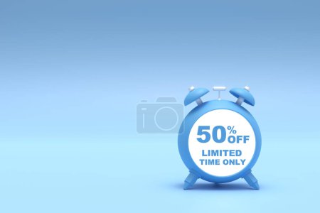 Téléchargez les photos : Rendu 3D. Offre de temps à 50 % avec espace libre pour envoyer des SMS sur fond bleu pastel. Offre spéciale 50 % Étiquette de réduction. Super offre de vente et best-seller. - en image libre de droit
