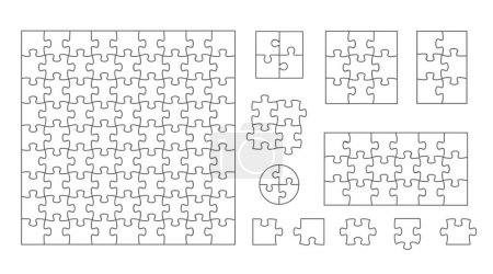 Puzzle pièces ensemble vectoriel. Séparer les pièces de puzzle avec la capacité de changer l'épaisseur des lignes. Puzzle isolé sur fond blanc. Vecteur 