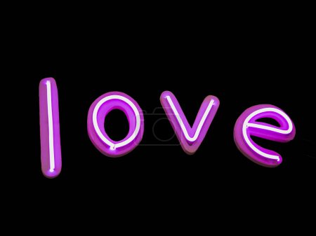 Téléchargez les photos : Type d'amour néon signe Couleur rose lueur sur fond noir - en image libre de droit